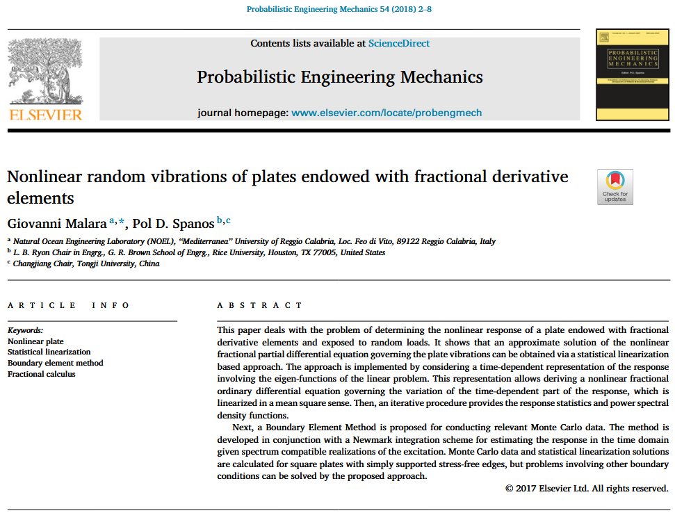 Nonlinear random vibrations of plates endowed with fractional derivative elements
