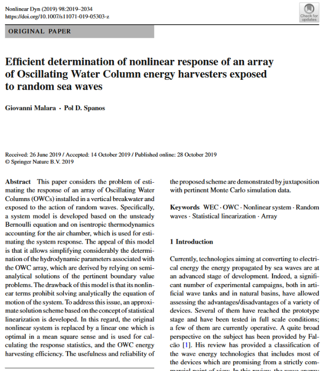 Efficient determination of nonlinear response of an array of Oscillating Water Column energy harvesters exposed to random sea waves
