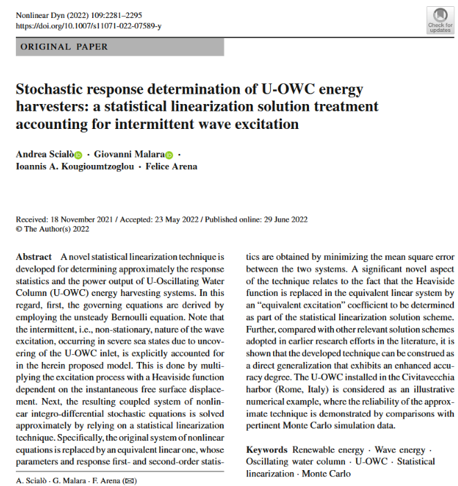 Stochastic response determination of U-OWC energy harvesters: a statistical linearization solution treatment accounting for intermittent wave excitation