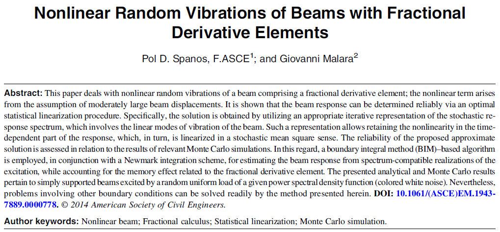 Nonlinear Random Vibrations of Beams with Fractional Derivative Elements